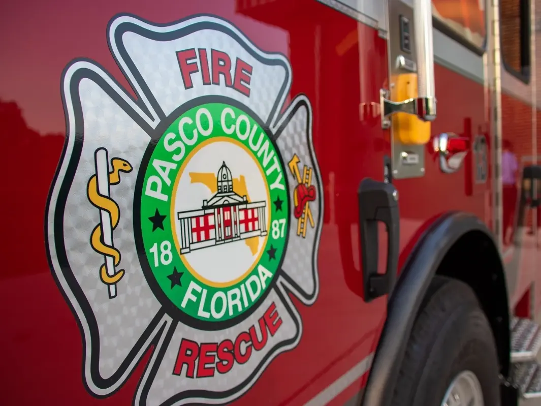 Pasco County Fire Rescue badge on a fire truck